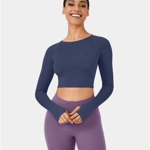Halara Solid Long Sleeve, Thumb Hole, Yoga Crop Top Dark Blue